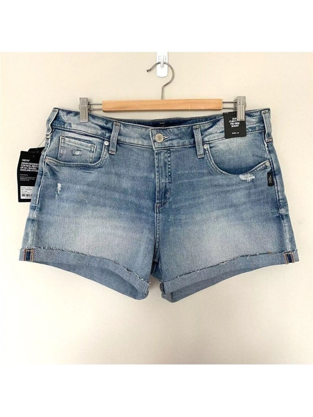 Silver Jeans Suki Curvy Fit Mid Rise Shorts W34 L4 Distressed Stretch NEW TAGS